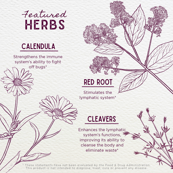 Lymph Mover, Immune Strength features calendula (immune support), red root (lymphatic boost), and cleavers (detox and waste removal) for holistic wellness.