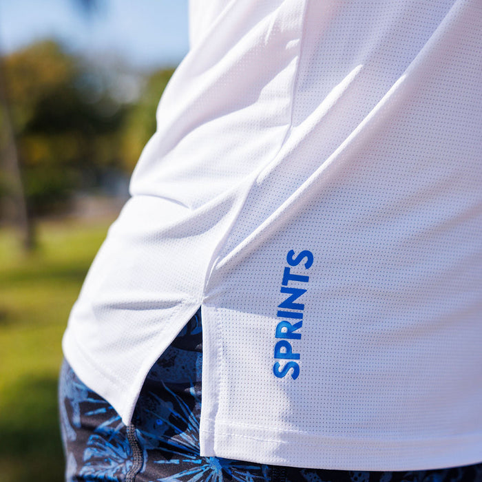 Man wearing the Core Zero Running Tank in Cheaper Than Therapy Run Club White, close-up