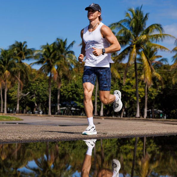 Man wearing the Flexion 8 inch Half Tights in Acid Jags print, side view