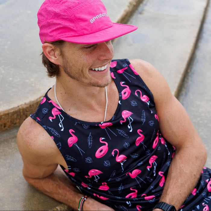 Man wearing the Find the Fauxmingo Running Tank in Black