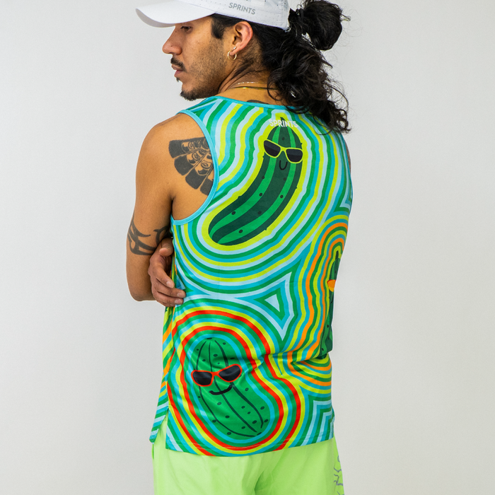 Man wearing the Pickle Power Running Tank, close-up