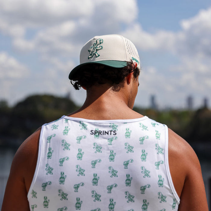 Man wearing the Slow Days Still Count Running Tank, close-up