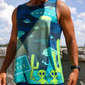 Man wearing the Uninvited Alien Antics Running Tank