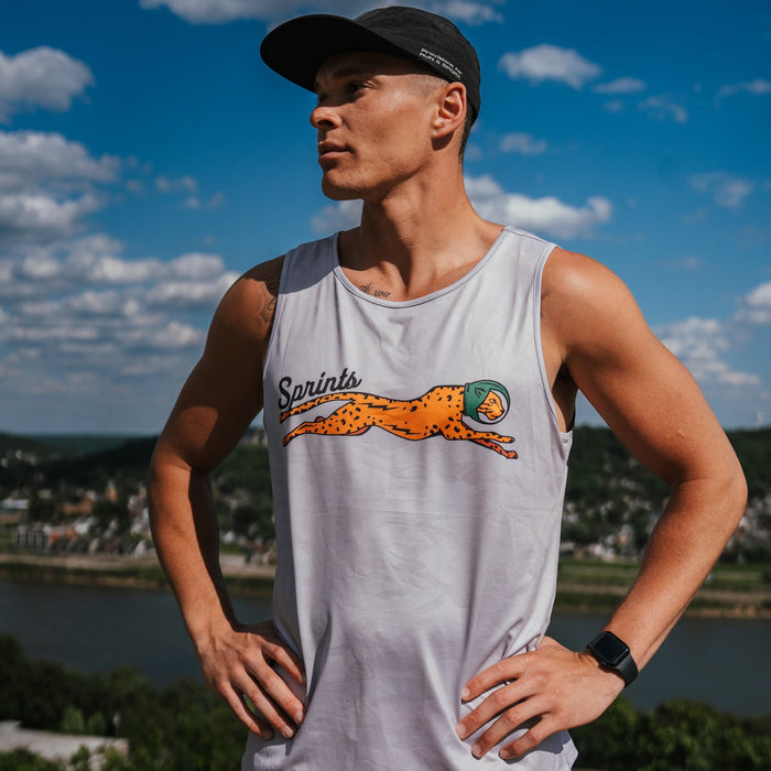 Close-up of the Mens Running Tank in Victory Sprints print