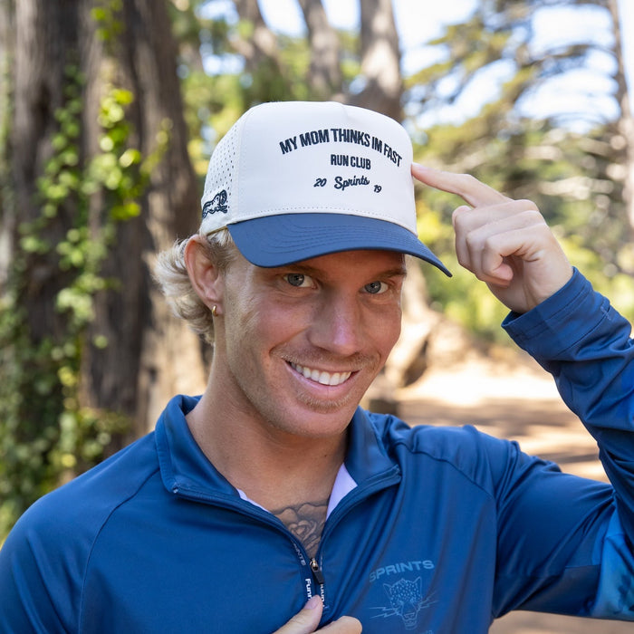 Person wearing the My Mom Thinks I Run Fast Run Club Structured VP Hat
