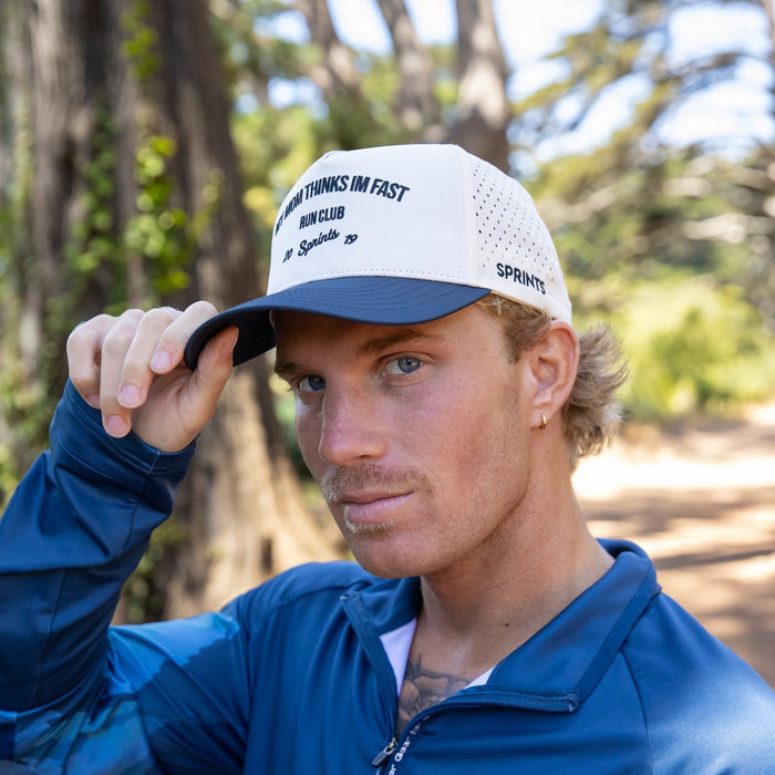 Runner wearing the My Mom Thinks I Run Fast Run Club Structured VP Hat