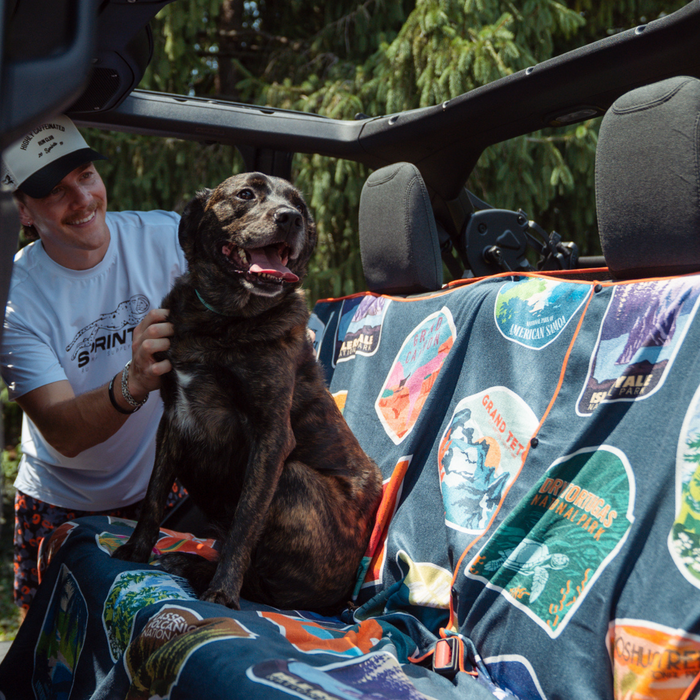 National Parks Bench Seat Cover Towel installed on a car bench seat