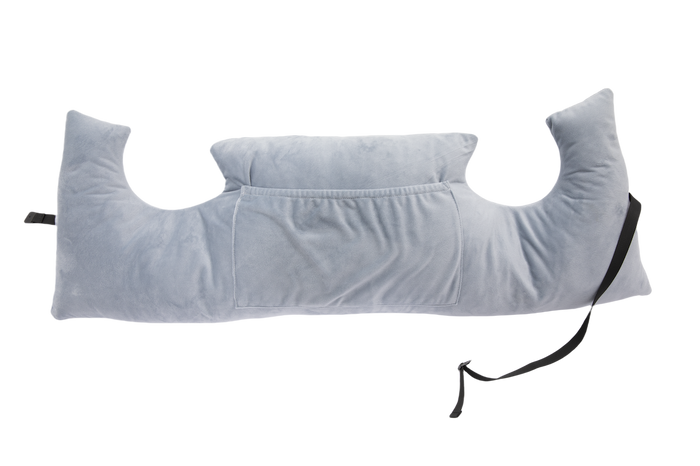The Chest Pillow is a light gray, U-shaped post-surgery pillow featuring a center rectangular pocket and two black adjustable straps at each end, shown on a white background.