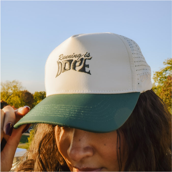 Close-up of the One Thing At a Time Running is Dope VP hat