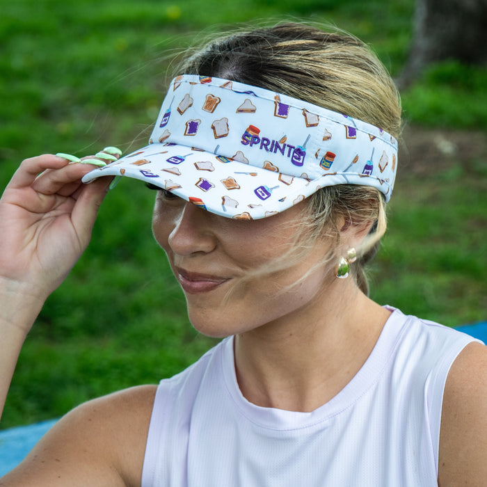 Person wearing the Peanut Butter Jelly Timed Visor