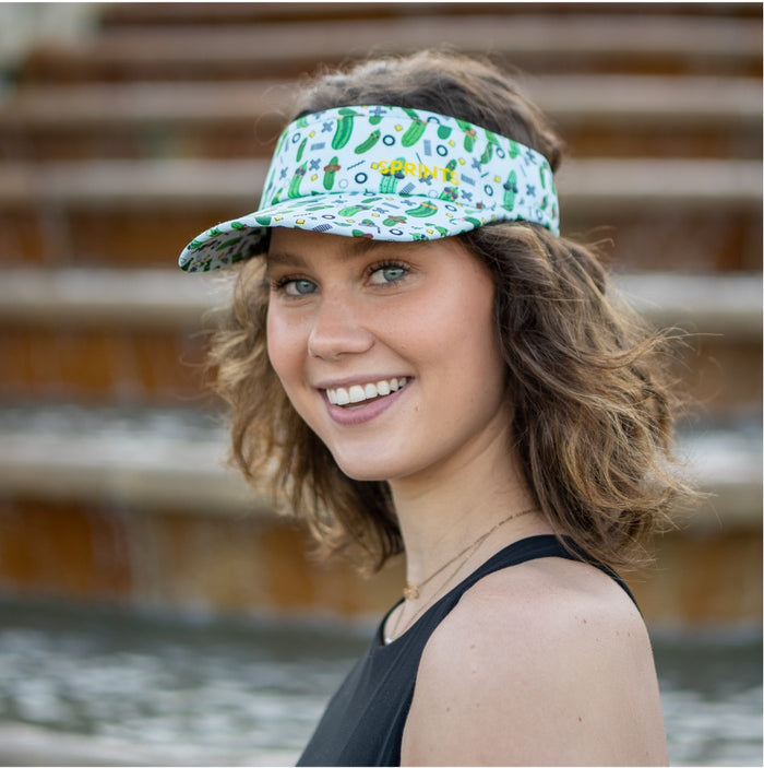 Close-up of the pickle print pattern on the Pickle Peeps Visor