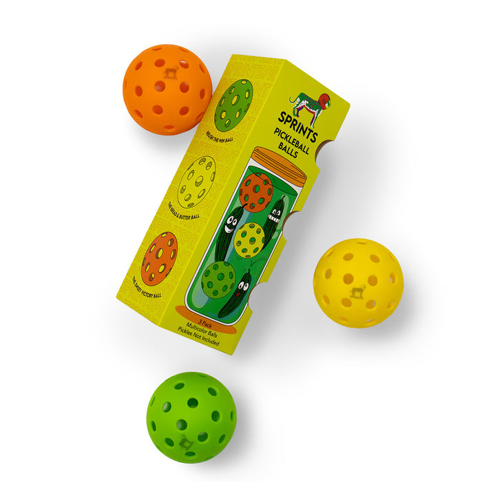 Sprints Pickleball Balls, 3 count in orange, yellow, and green