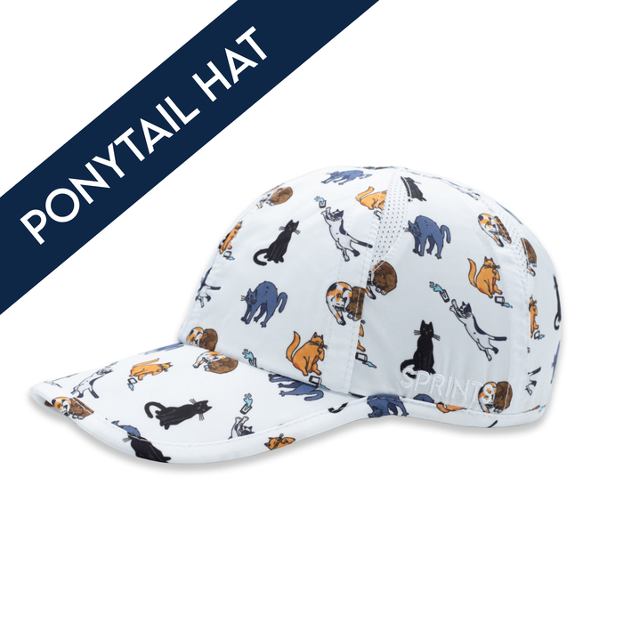 Cats Since They Made Me Ponytail Hat, white with all-over cat print - front view