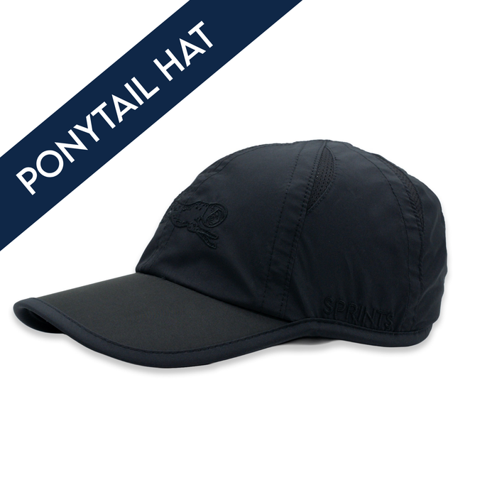 Midnight Mile Ponytail Hat, black on black - front view
