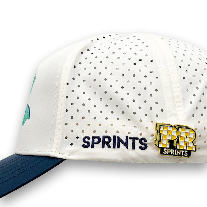 PR Enamel Pin attached to a hat brim