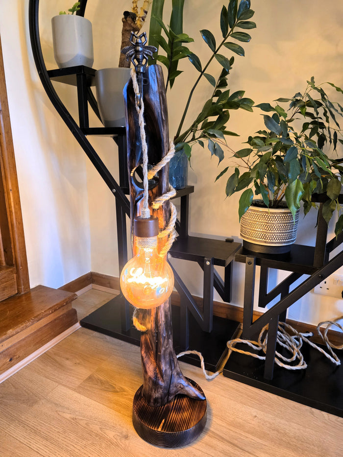 Rustic Apple Wood Bee & Love Lamp – Handmade Wooden Floor Lamp