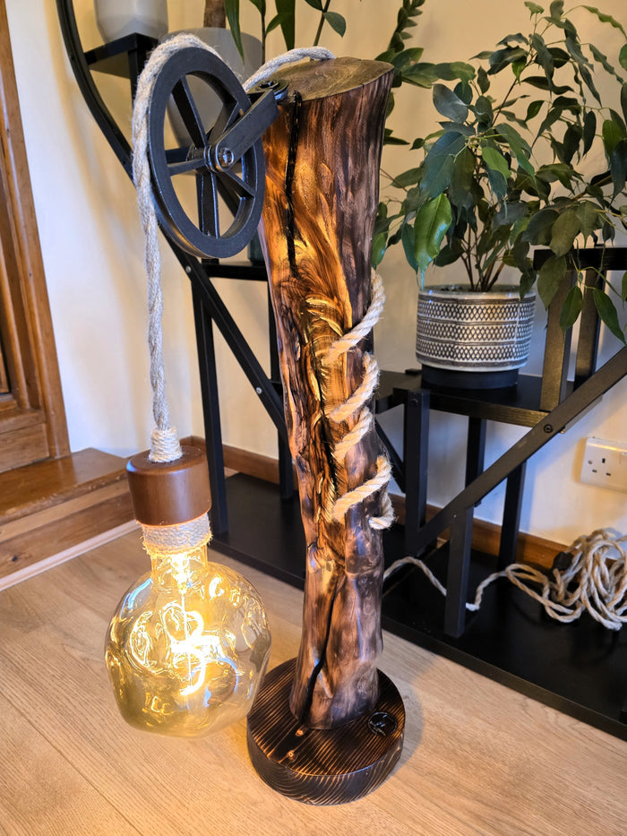 Rustic Apple Wood Pulley Lamp – Handmade Wooden Table Lamp