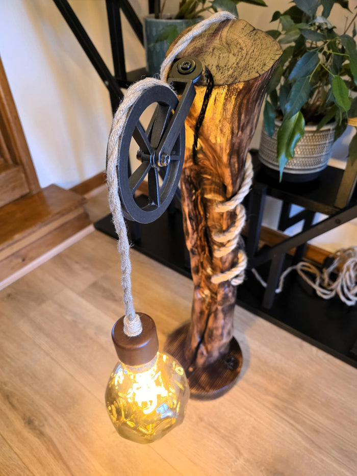 Rustic Apple Wood Pulley Lamp – Handmade Wooden Table Lamp