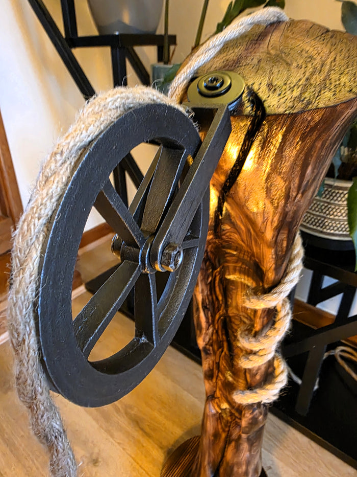 Rustic Apple Wood Pulley Lamp – Handmade Wooden Table Lamp