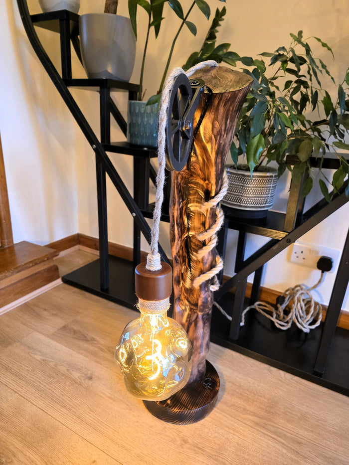 Rustic Apple Wood Pulley Lamp – Handmade Wooden Table Lamp