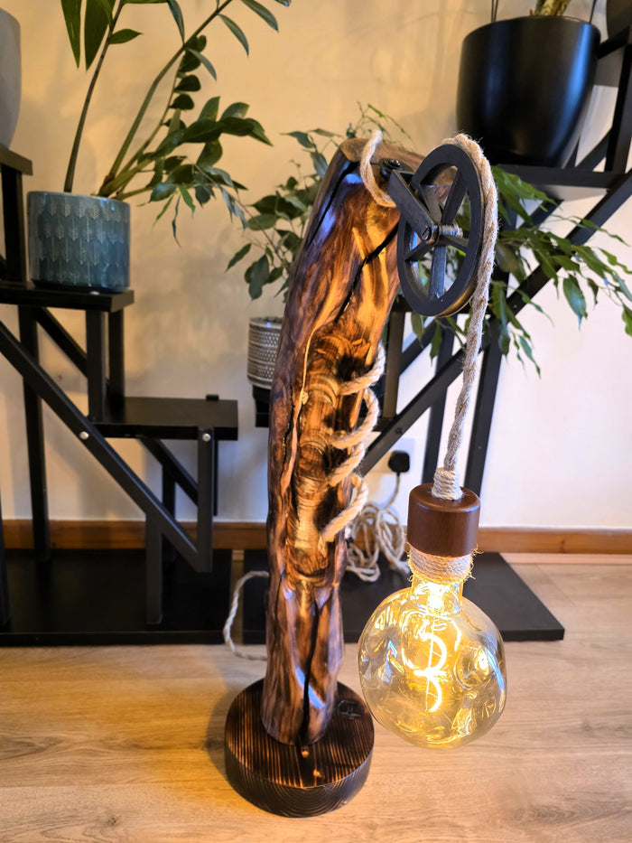 Rustic Apple Wood Pulley Lamp – Handmade Wooden Table Lamp