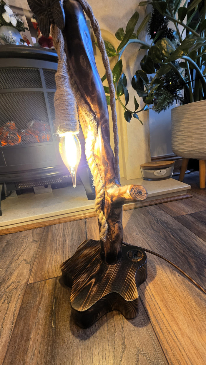 Rustic Handmade Wooden Lamp with Butterfly Accent