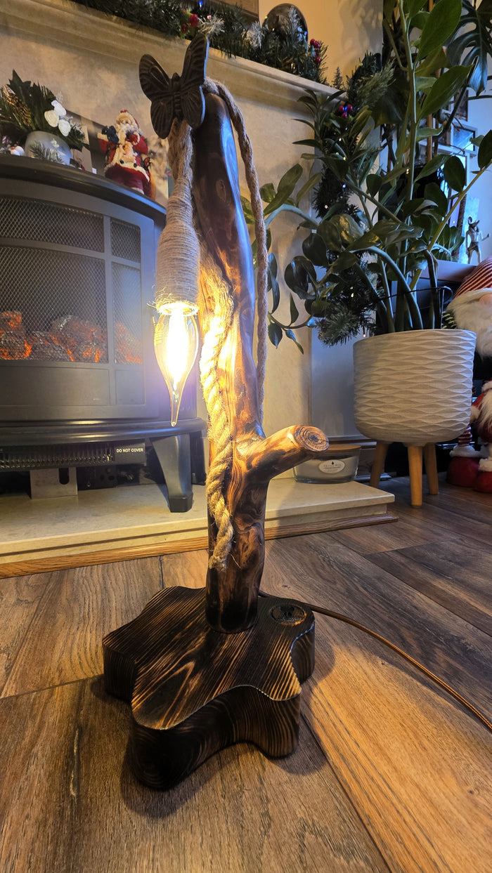 Rustic Handmade Wooden Lamp with Butterfly Accent