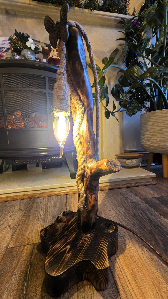 Rustic Handmade Wooden Lamp with Butterfly Accent
