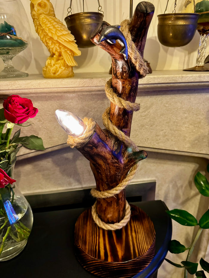Rustic Handmade Wooden Lamp with Twisted Rope – Cozy Autumn Ambience