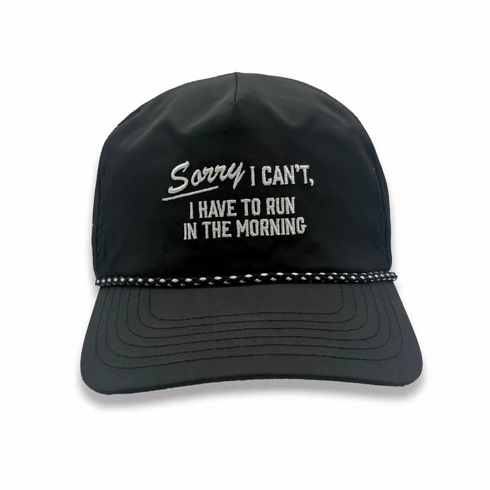 Sorry I Can't EZ Rope Snapback Hat in black with black-and-white rope detail, front view