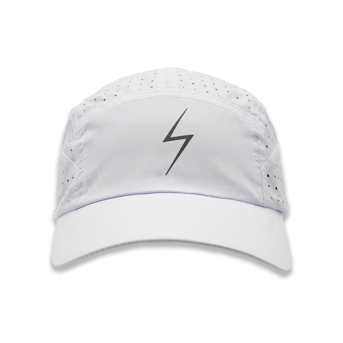 St. Regis Release HyperG Hat in white with reflective lightning bolt, front view