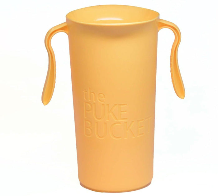 The Puke Bucket (3.0L) - A Reusable Container for Vomiting is a tall, orange plastic container featuring an anti-splash apparatus and two large, curved side handles, shown against a plain white background.