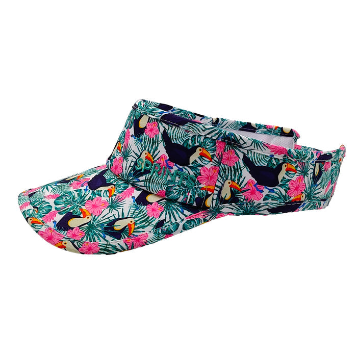 Toucan Do It Visor with tropical toucan and palm leaf print, side view