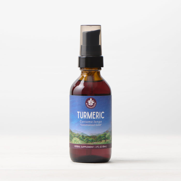 A brown glass bottle with a black pump labeled "Turmeric" for joint health, 2 fl oz (59 ml), stands on a white surface against a light background.