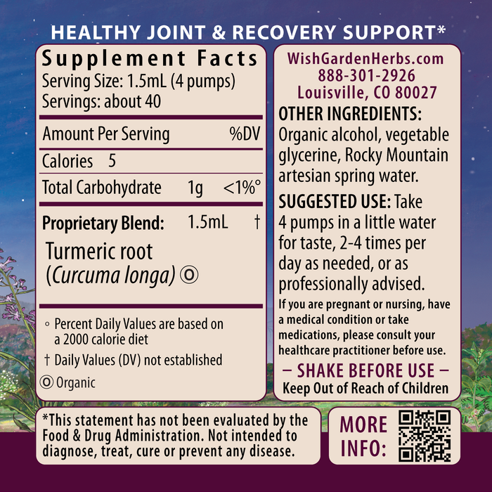 Turmeric supplement facts label for joint health. Use 4 pumps in water, up to twice daily. Ingredients, dosage, contact info, and warnings shown on a purple background with decorative accents.