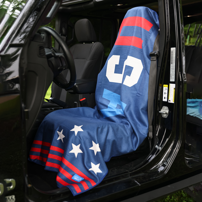 USA Car Seat Cover Towel installed on a car seat headrest