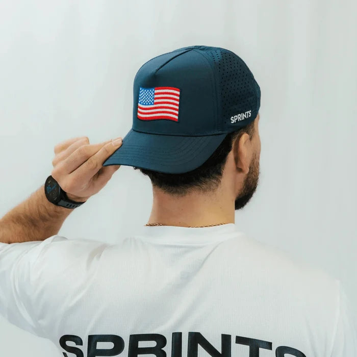 Person wearing the USA Structured VP Hat in navy