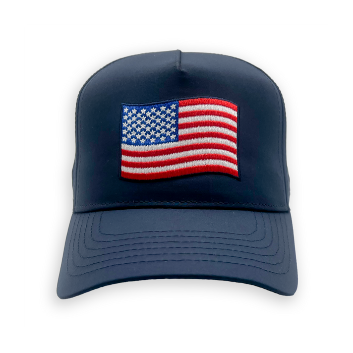 USA Structured VP Hat, navy with embroidered American flag - front view