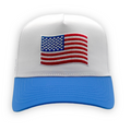 USA Structured VP Hat, white with blue bill and American flag embroidery - front view