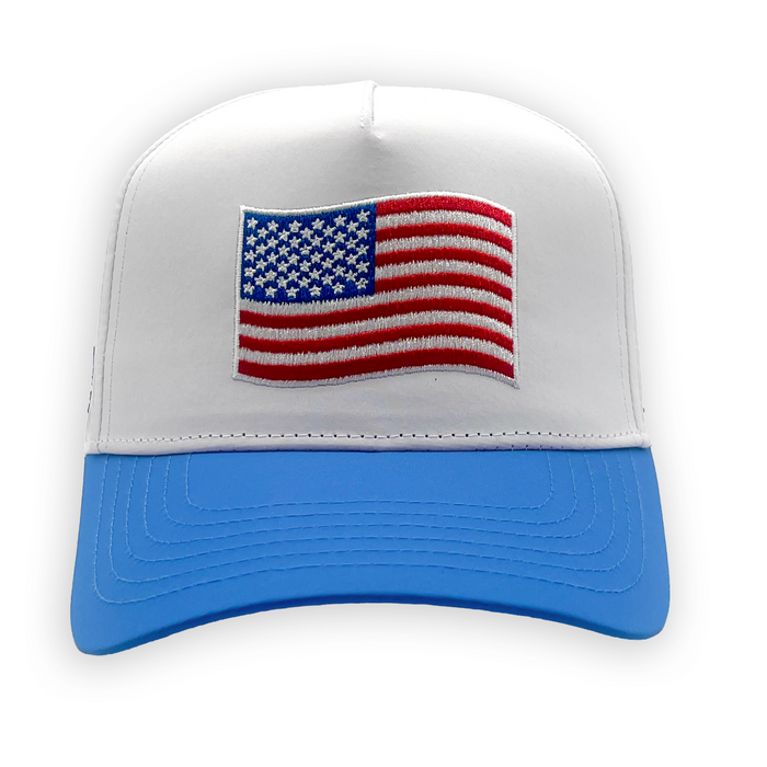 USA Structured VP Hat, white with blue bill and American flag embroidery - front view