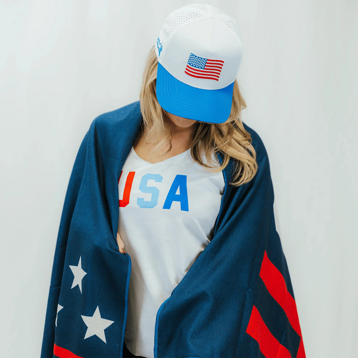 Woman wearing the USA Structured VP Hat