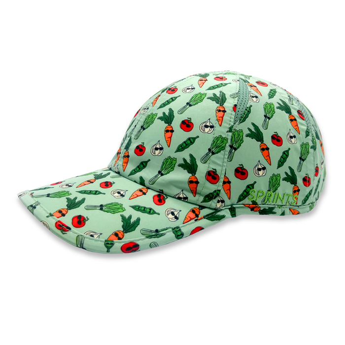 V-Edgy OG Hat with vegetable print on green background, front view