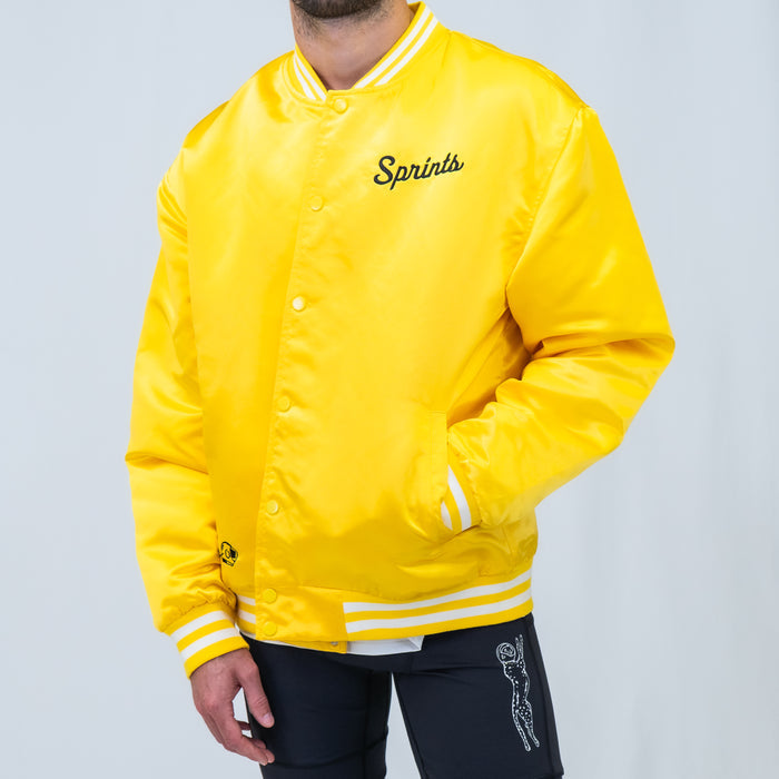 Person wearing the Victory Sprints Bomber Jacket Gold Label