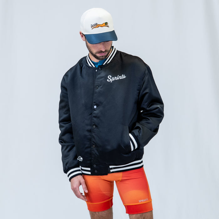 Person wearing the Victory Sprints Bomber Jacket Midnight Mile, close-up