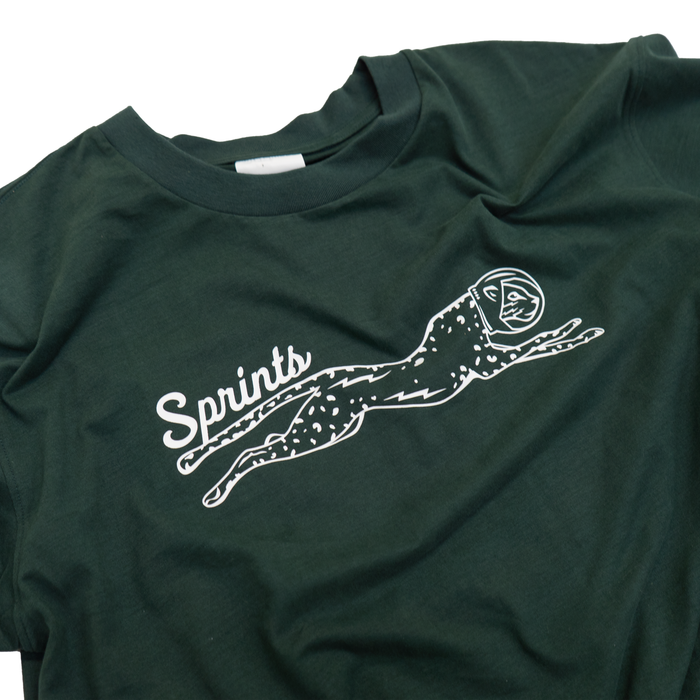 Victory Sprints Luxe Suprima Cotton Tee in Green, close-up of the Victory Sprints graphic