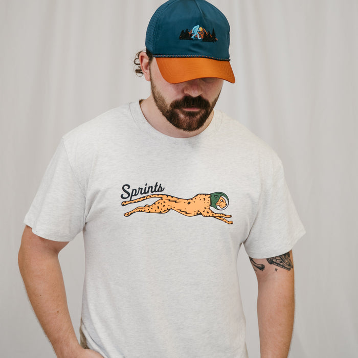 Person wearing the Victory Sprints Luxe Suprima Cotton Tee in Grey, close-up