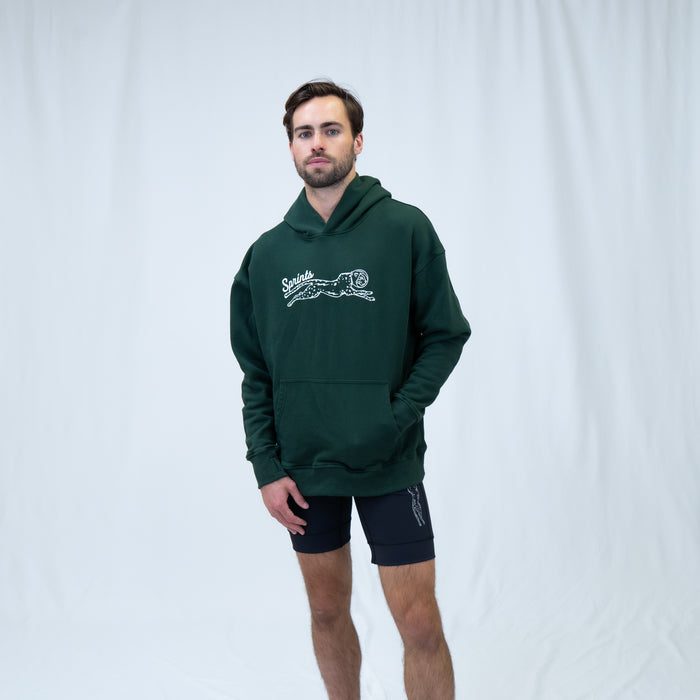 Person wearing the Victory Sprints Oversized Hoodie in Green Label, close-up
