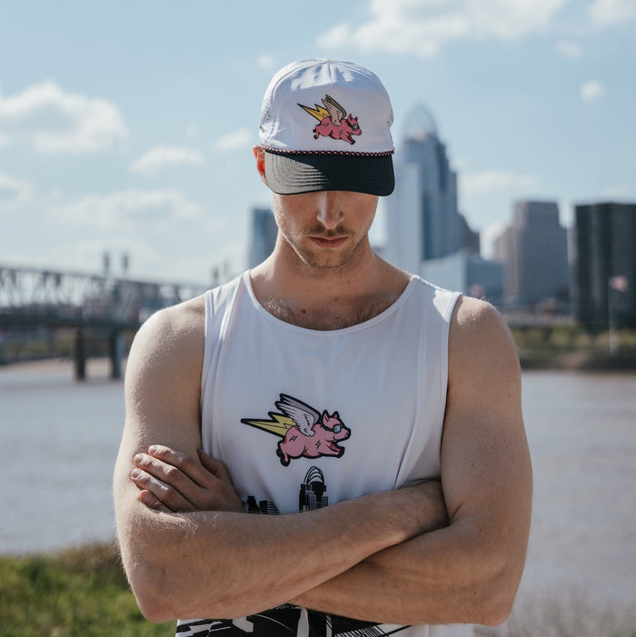 Runner wearing the We Run Cincy 2026 EZ Rope Snapback Hat