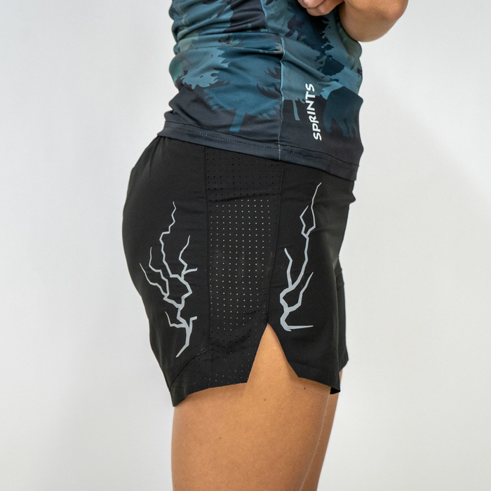 Woman wearing the Avigate 4 inch Mercy Short in Dystopian print