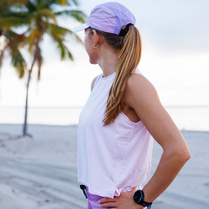 Woman wearing the Core Zero Framework Tank in Lavender Crush, close-up